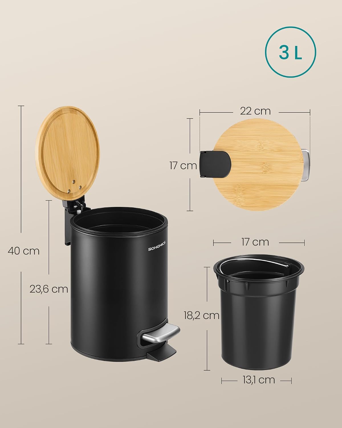 Mülleimer 3 l Pedaleimer Soft-Close Bambus schwarz von Songmics