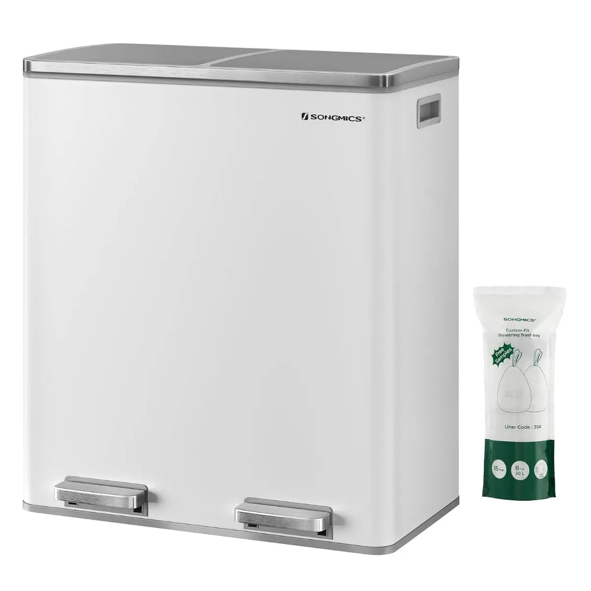 Treteimer 60L Mülltrennung Weiss Stahl von Songmics