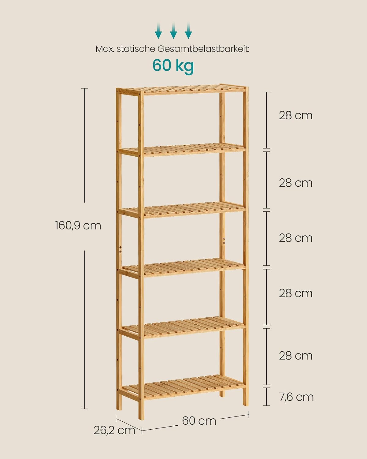 Bambusregal 6 Ebenen Standregal 60x26x161 cm Natur von Songmics