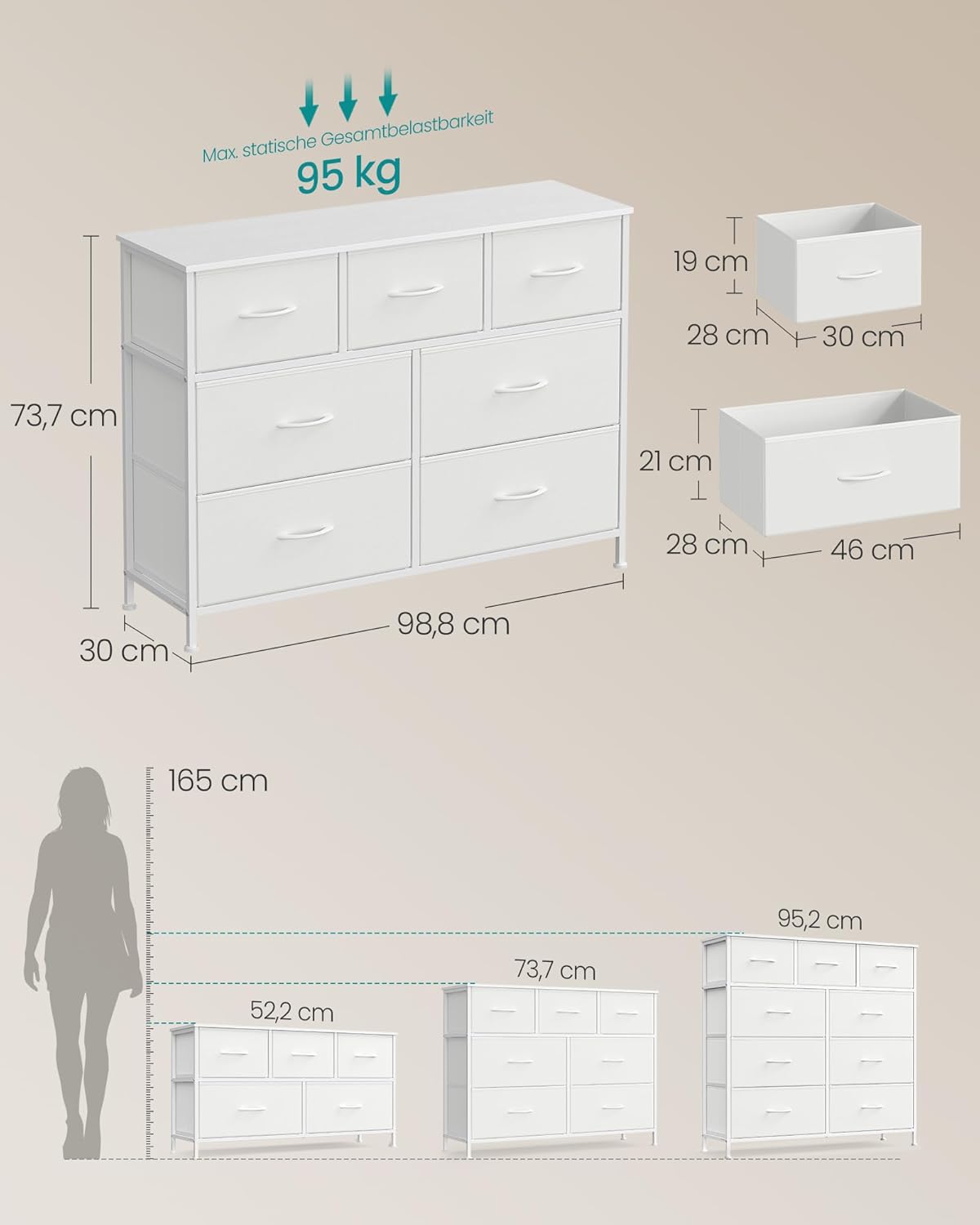 Stoffkommode 7 Schubladen 98,8x30x74 cm Weiss von Songmics