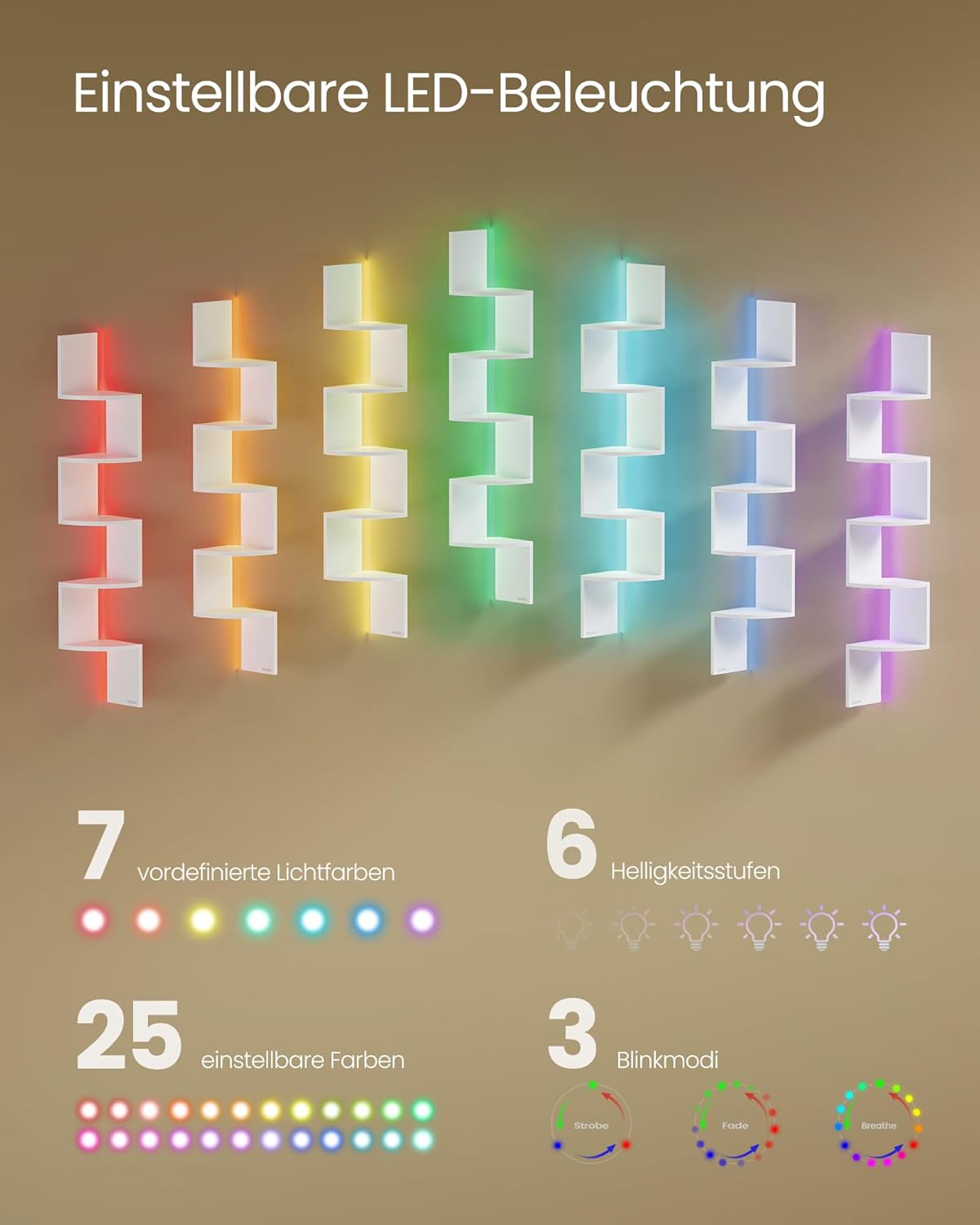 Eckregal mit LED 5 Ebenen Wandregal Schweberegal Weiß von Songmics
