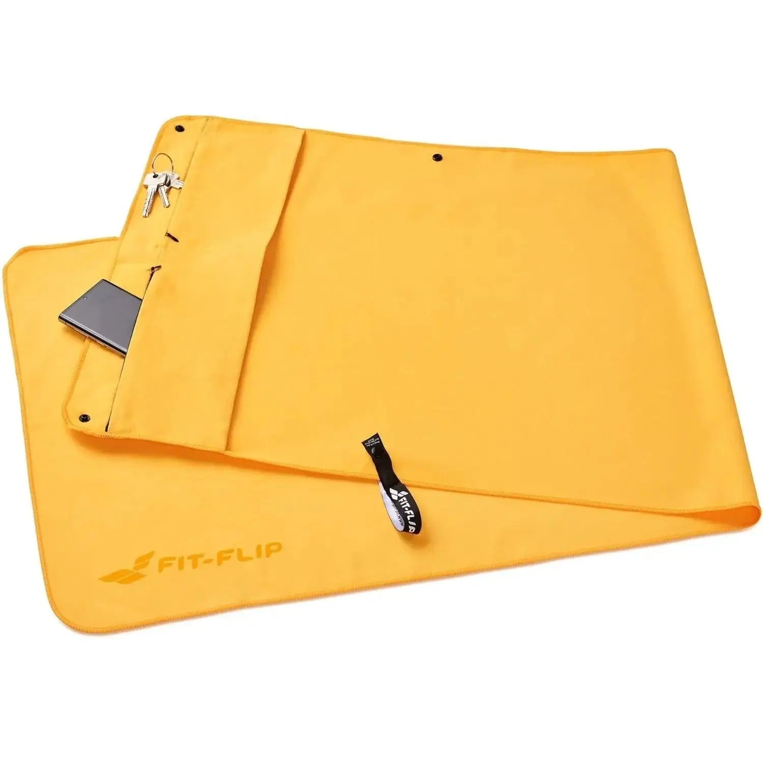 Fitnesshandtuch Mikrofaser mit Reissverschlusstasche 130x48cm Gelb von guteszeug.ch