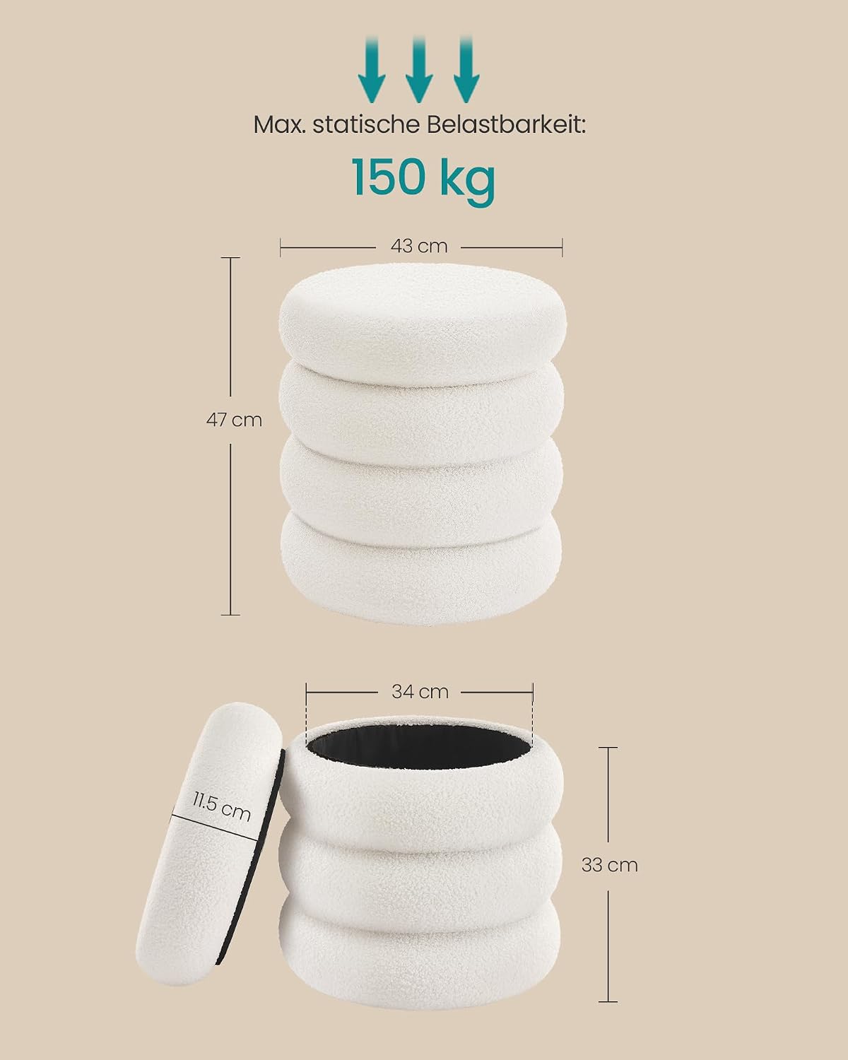 Sitzhocker Pouf mit Stauraum 43x43x47 cm Cremeweiss von Songmics