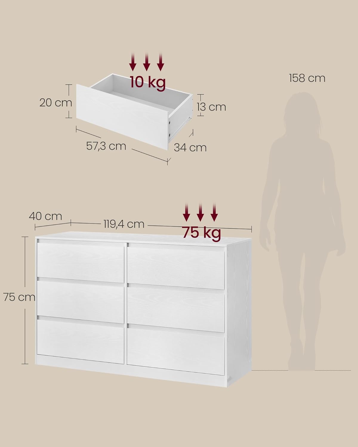 Kommode 6 Schubladen Schlafzimmer Schubladenschrank weiß von Songmics