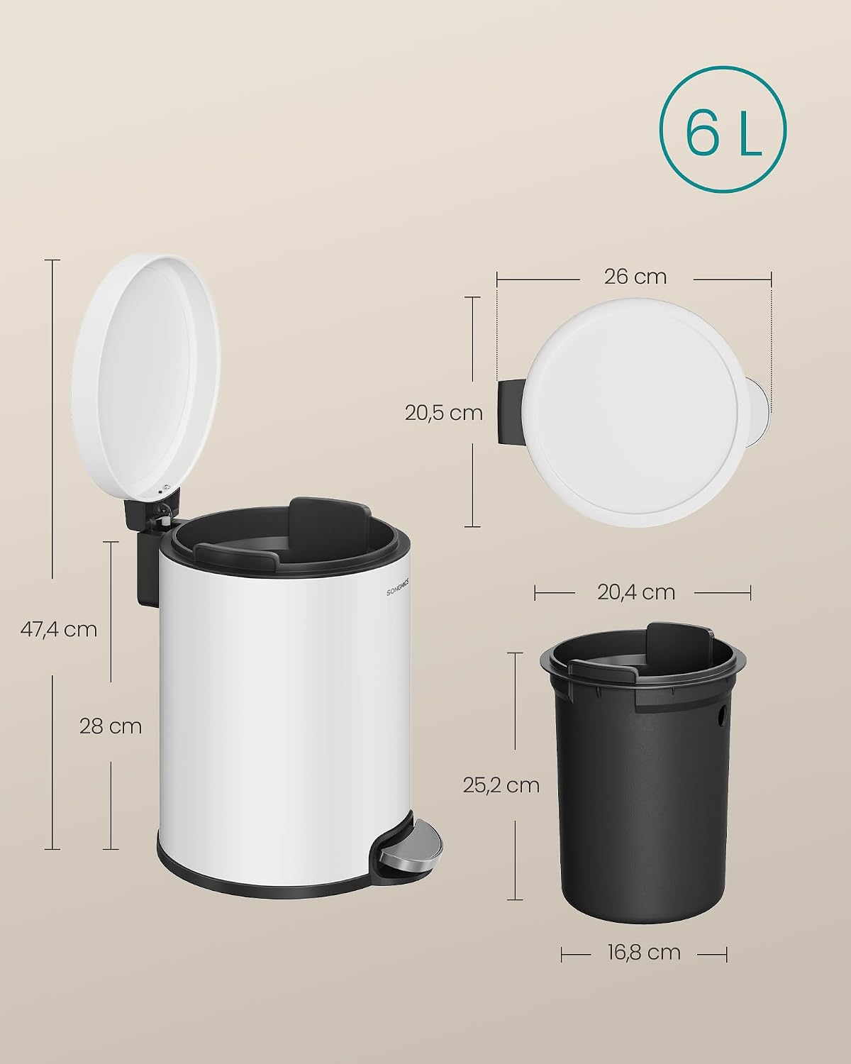 Badezimmereimer 6 l Pedaleimer Soft-Close Wolkenweiss von guteszeug.ch