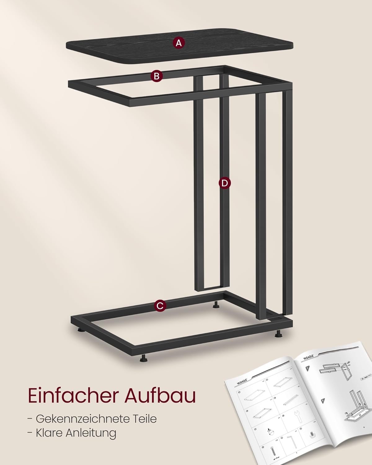Beistelltisch mit Rollen C-Form Sofatisch Laptoptisch von Songmics