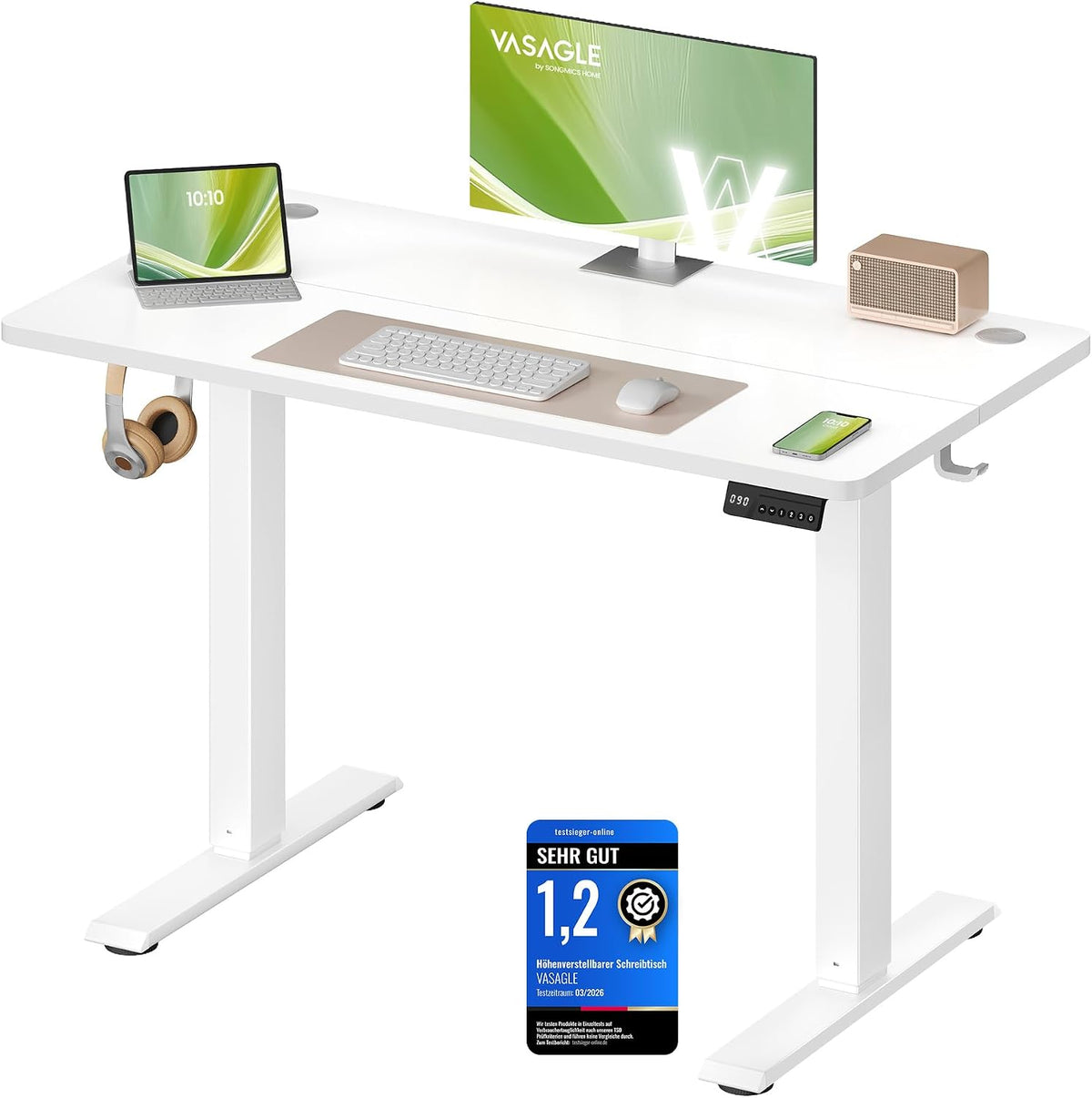 Schreibtisch 100x60 cm elektrisch höhenverstellbar Weiss von Songmics