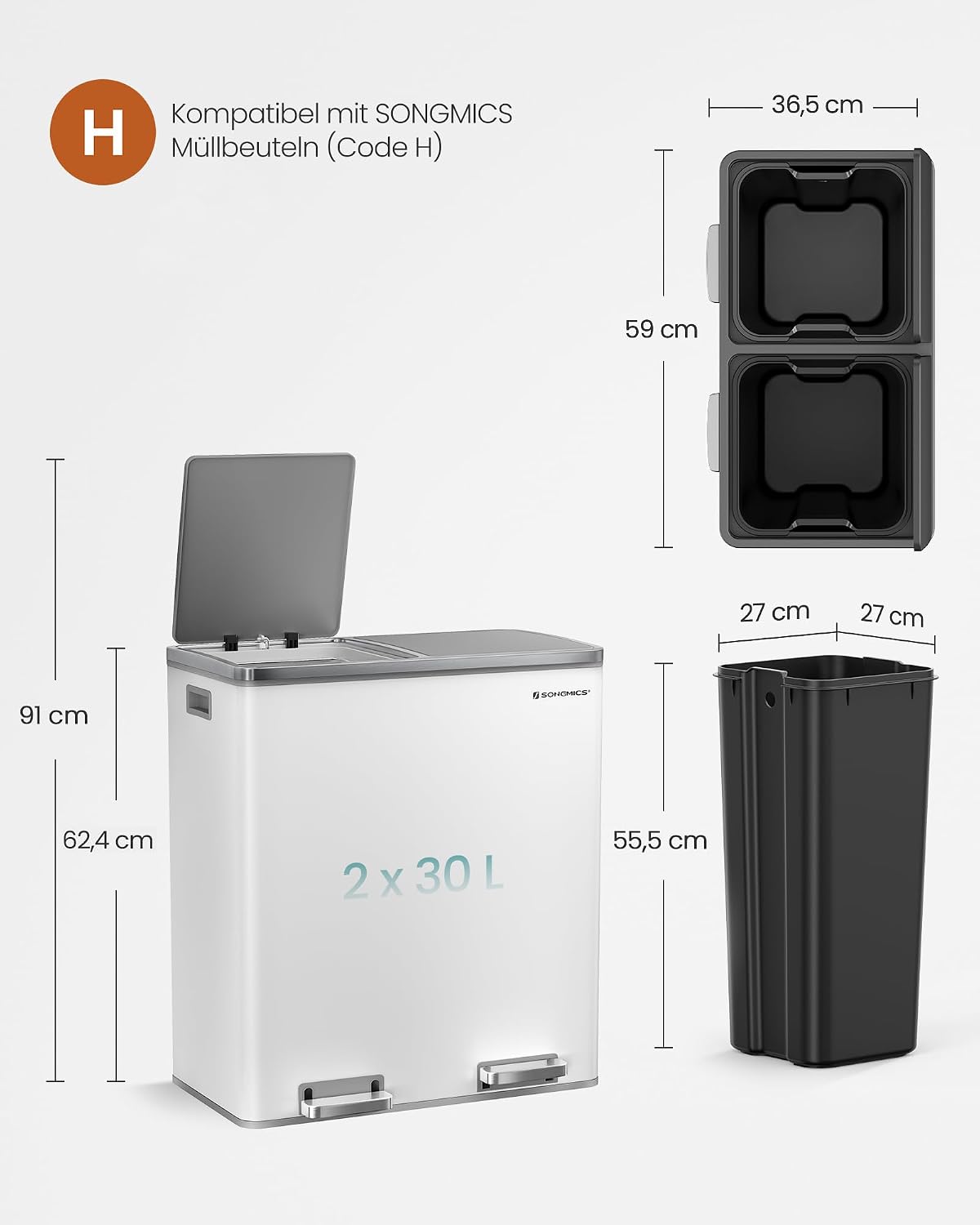 Doppel-Abfalleimer 2x30 Liter Soft-Close Wolkenweiss von Songmics