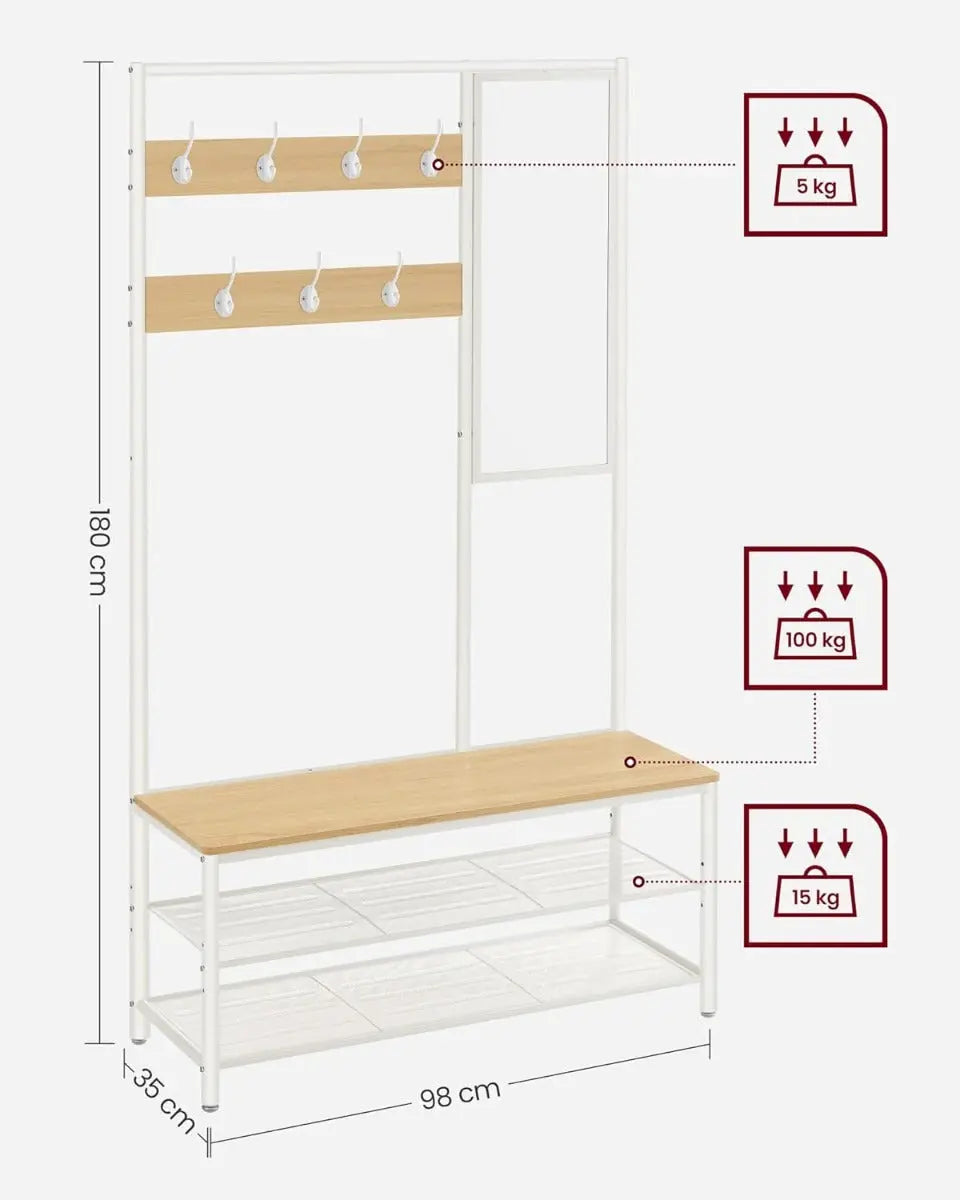 Kleiderständer Garderobe mit Spiegel Sitzbank Eiche Weiss von Songmics