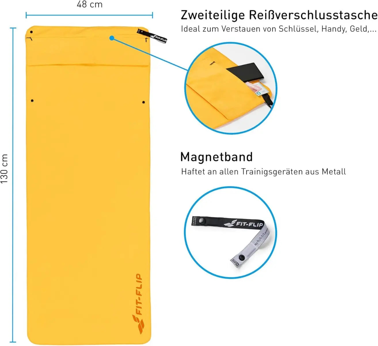 Fitnesshandtuch Mikrofaser mit Reissverschlusstasche 130x48cm Gelb von guteszeug.ch