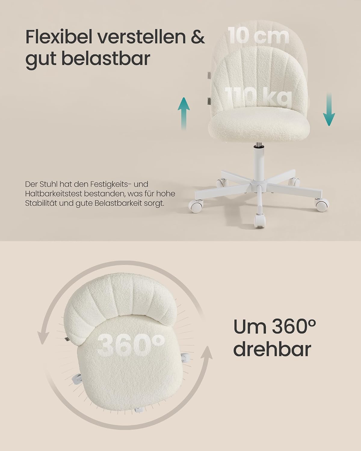 Bürostuhl Drehstuhl Teddyfleece Cremeweiss 44-59 cm von Songmics