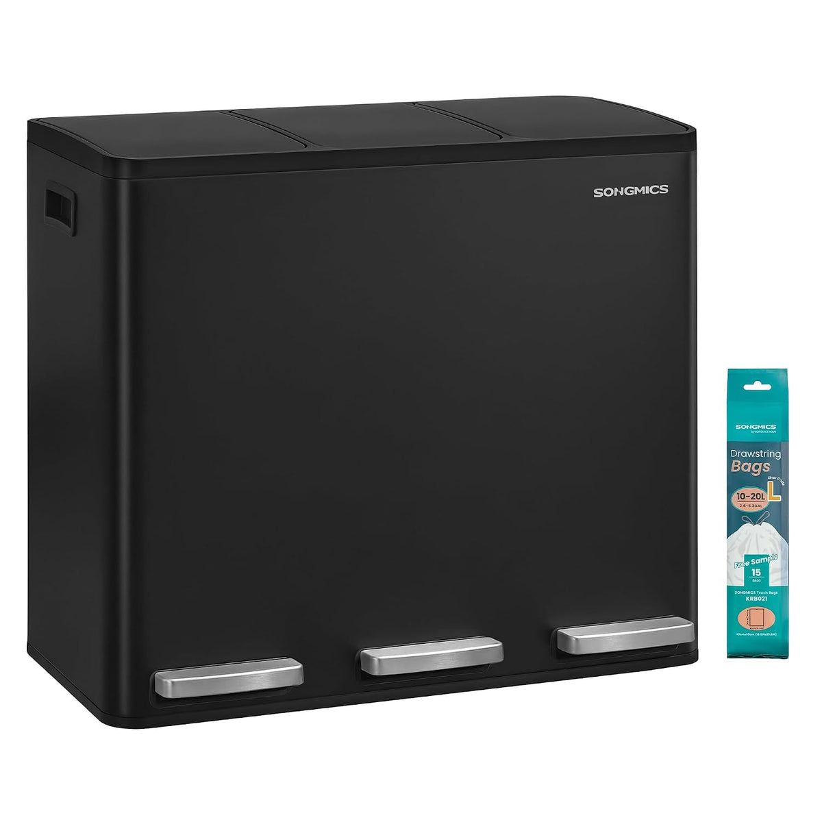 Mülltrennsystem 3 Fächer 54 l Treteimer Schwarz von Songmics