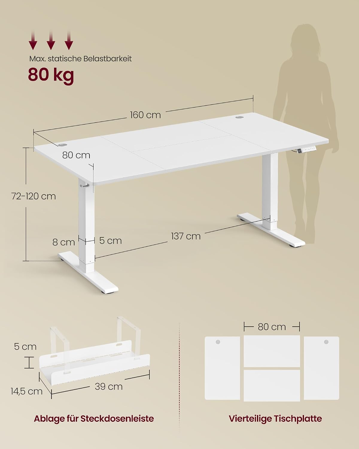 Schreibtisch 160x80 cm elektrisch höhenverstellbar Weiss von Songmics