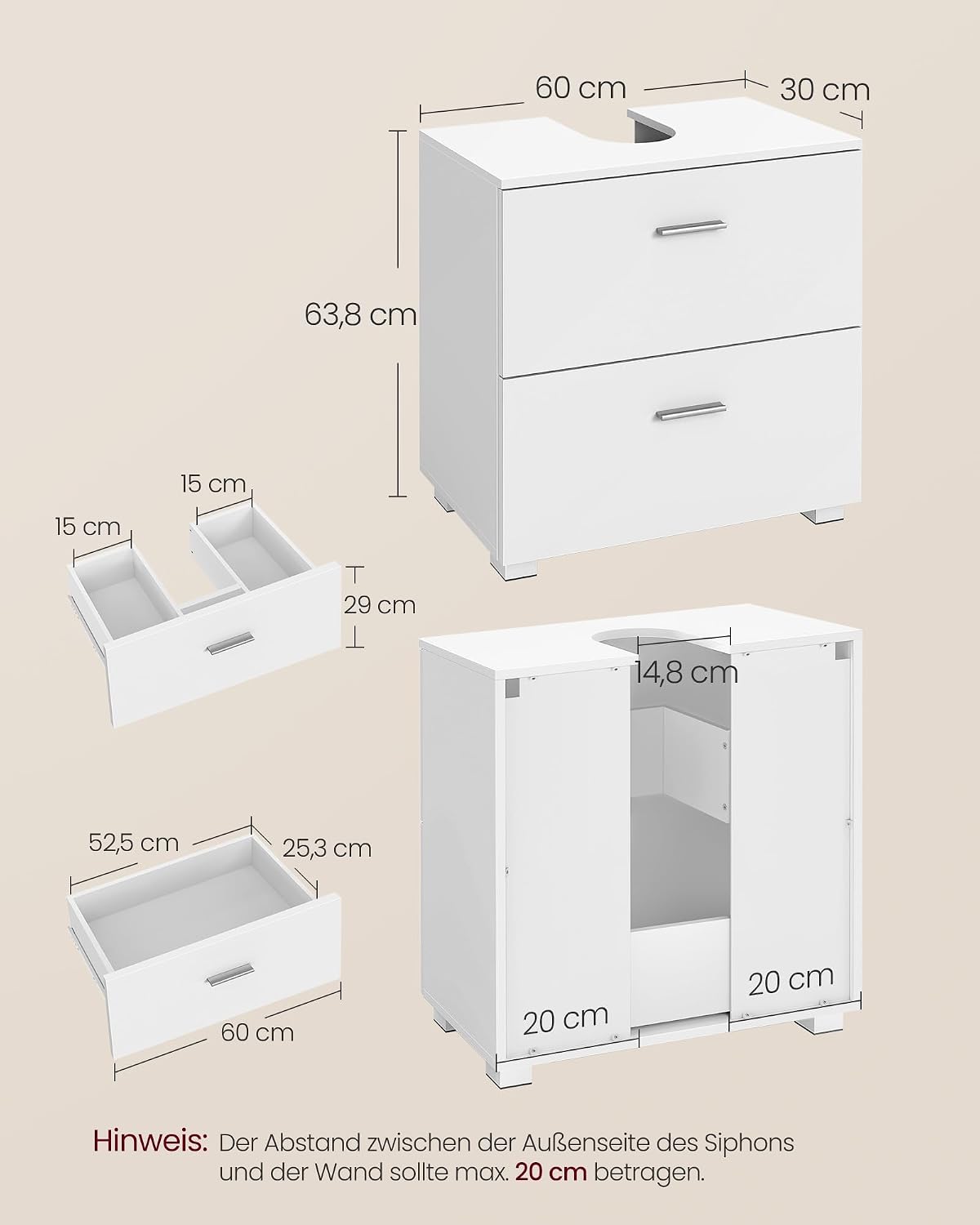 Waschtischunterschrank 60x30x63,8 cm 2 Schubladen Weiss von Songmics