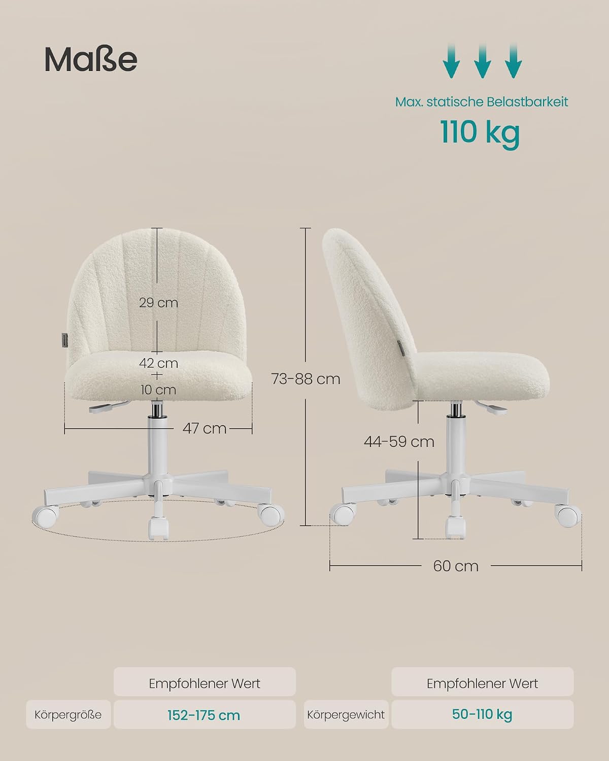 Bürostuhl Drehstuhl Teddyfleece Cremeweiss 44-59 cm von Songmics