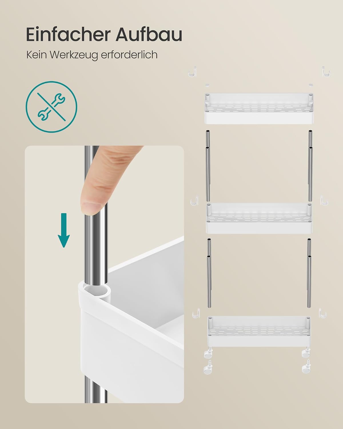 Rollwagen Küche Bad Büro 3 Ebenen weiß mit 6 Haken von Songmics