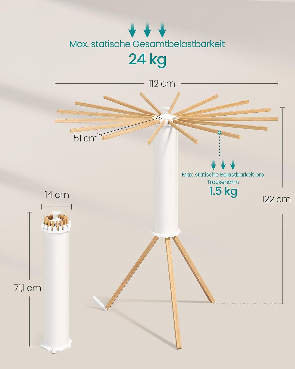 Wäscheständer drehbar 16 Arme Buchenholz 24 kg Natur von Songmics