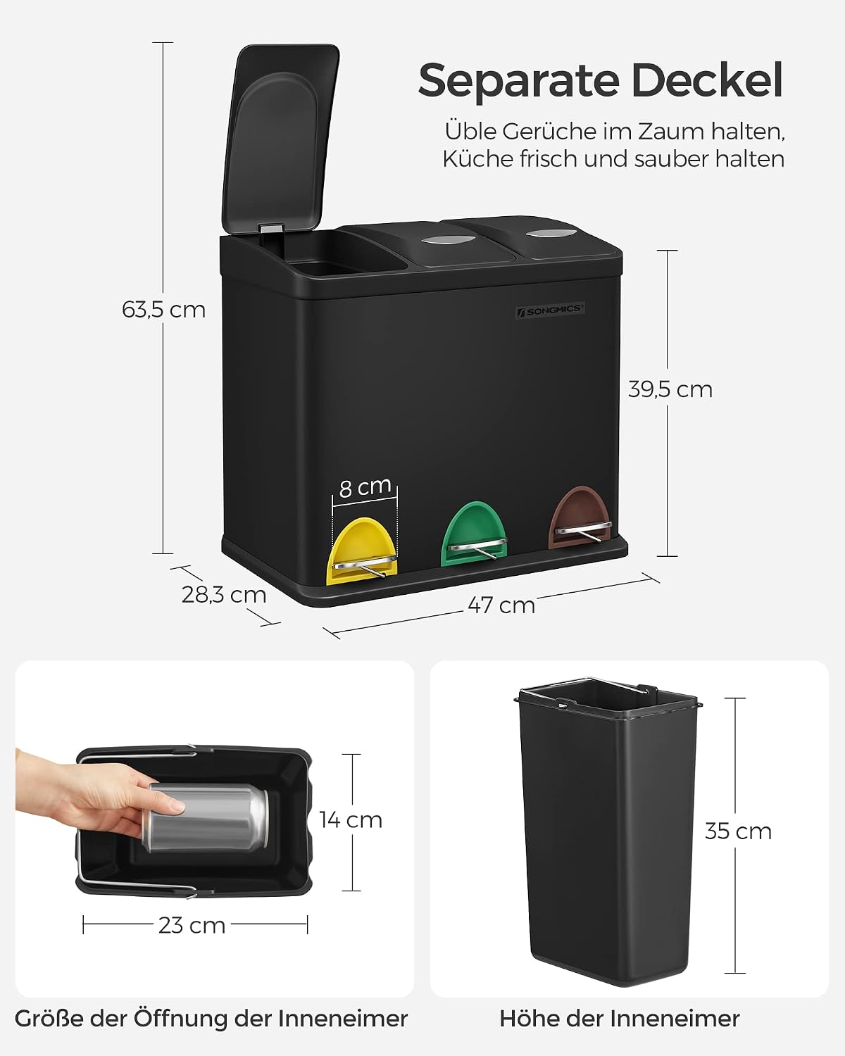 Mülleimer Küche 3x8L Mülltrennung Treteimer mit Deckel von Songmics