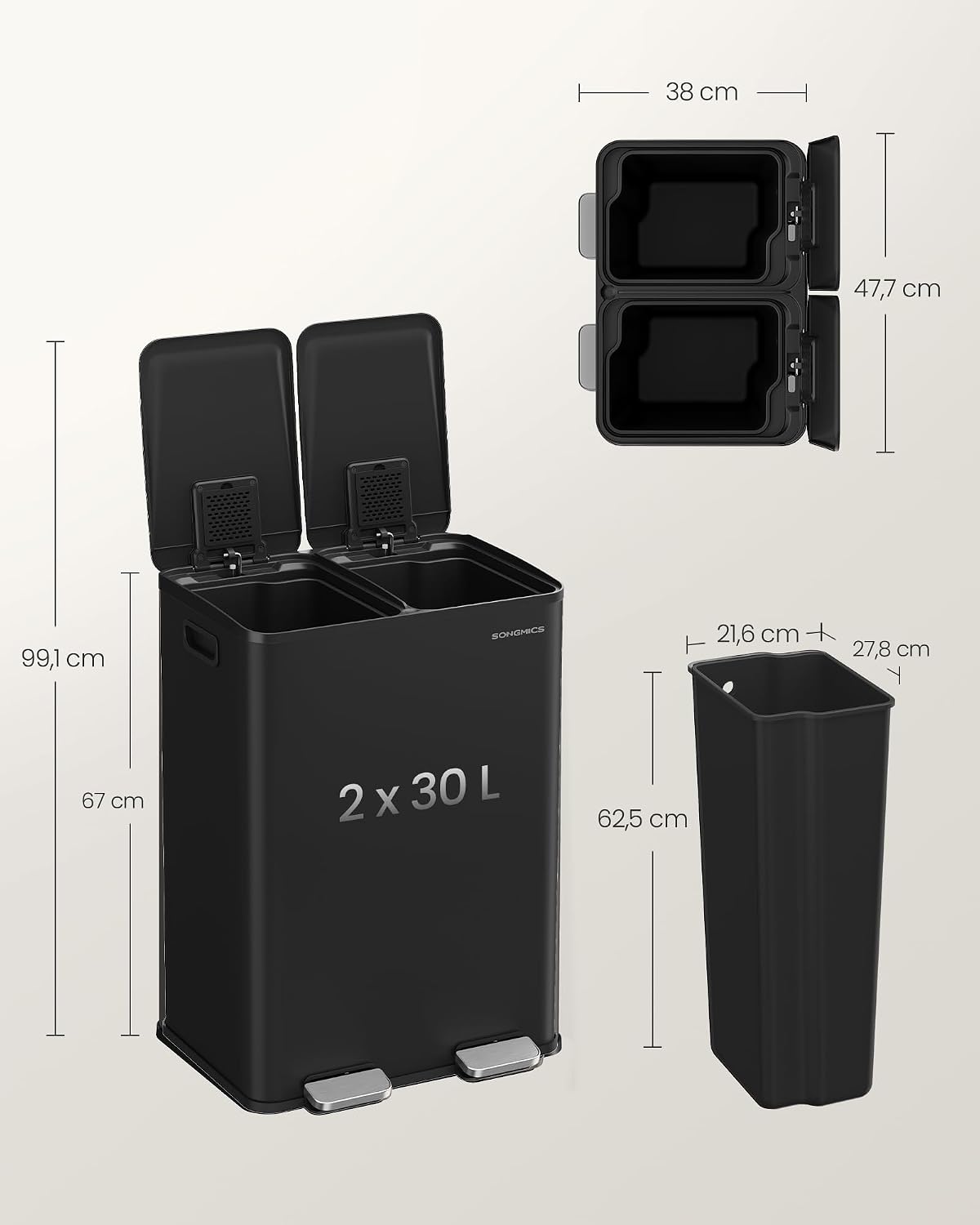 Abfalleimer 60 l 2 Kammern Treteimer Tintenschwarz von Songmics