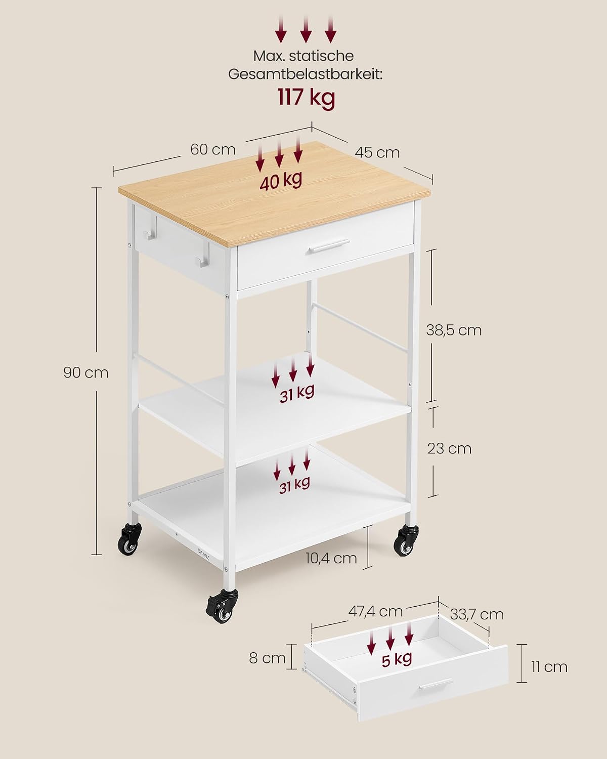 Küchenwagen 60x45x90 cm Rollwagen mit Schublade Weiss von Songmics