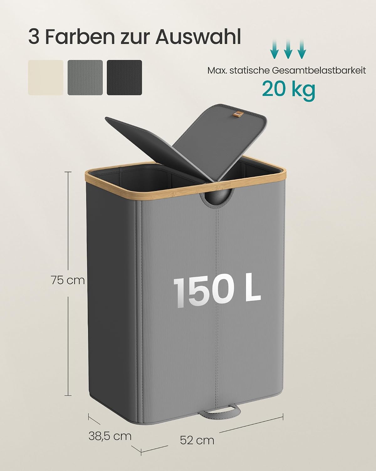Wäschekorb 2 Fächer 150 l 52x38x75 cm Grau Beige von Songmics