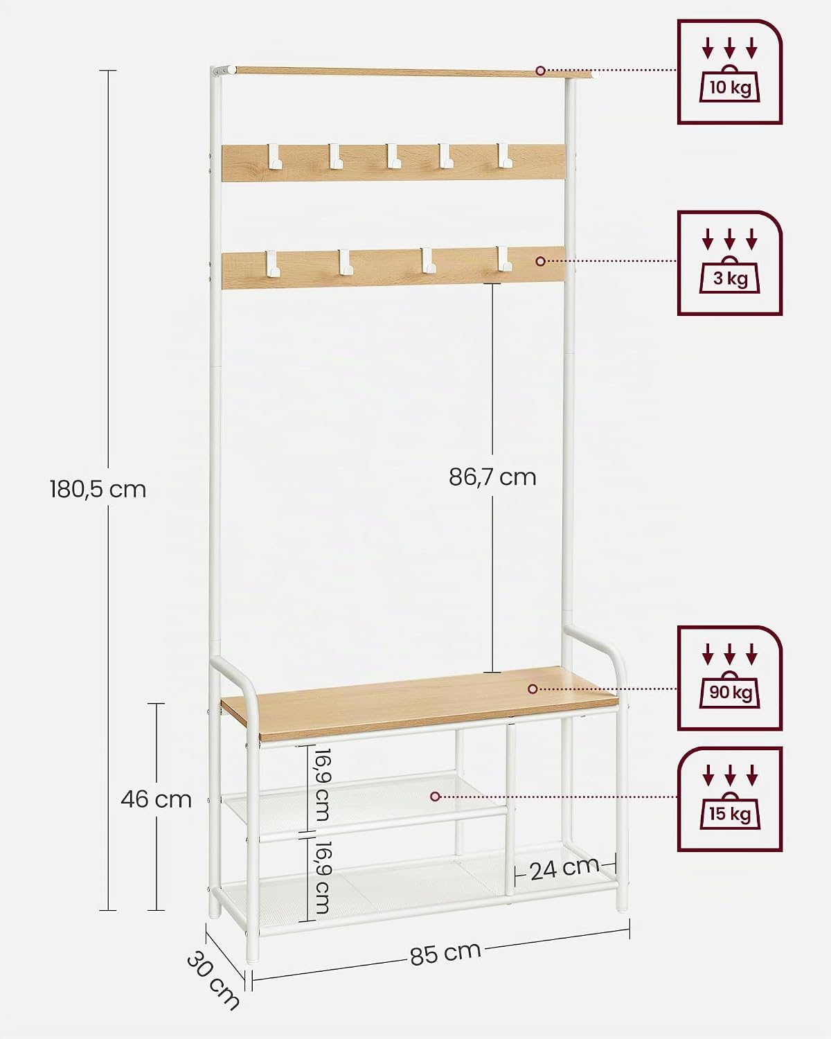 Garderobe Schuhregal Sitzbank 85x30x180 cm Eiche Weiss von Songmics