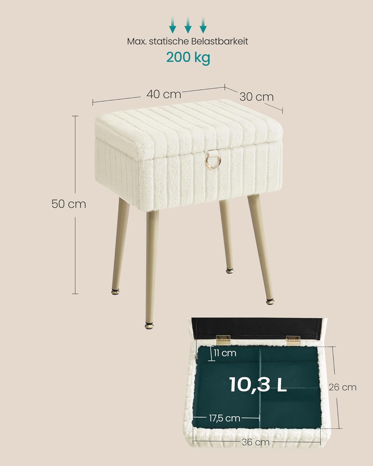 Gepolsterter Schminktisch Hocker mit Stauraum cremeweiß von guteszeug.ch