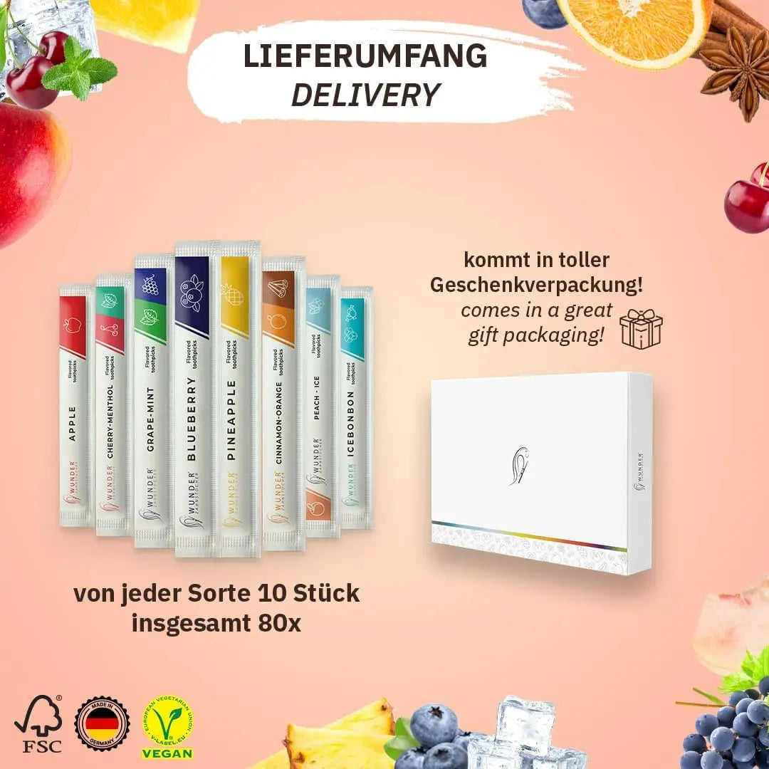 Probierpaket 8 Geschmacksrichtungen (80x Zahnstocher) von Wunder Zahnstocher