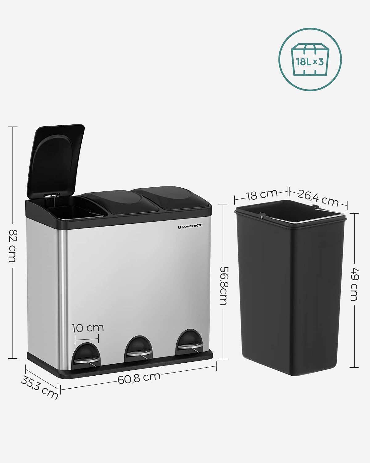 Treteimer 54 l 3 Fächer Mülltrenner Edelstahl Silber Schwarz von Songmics