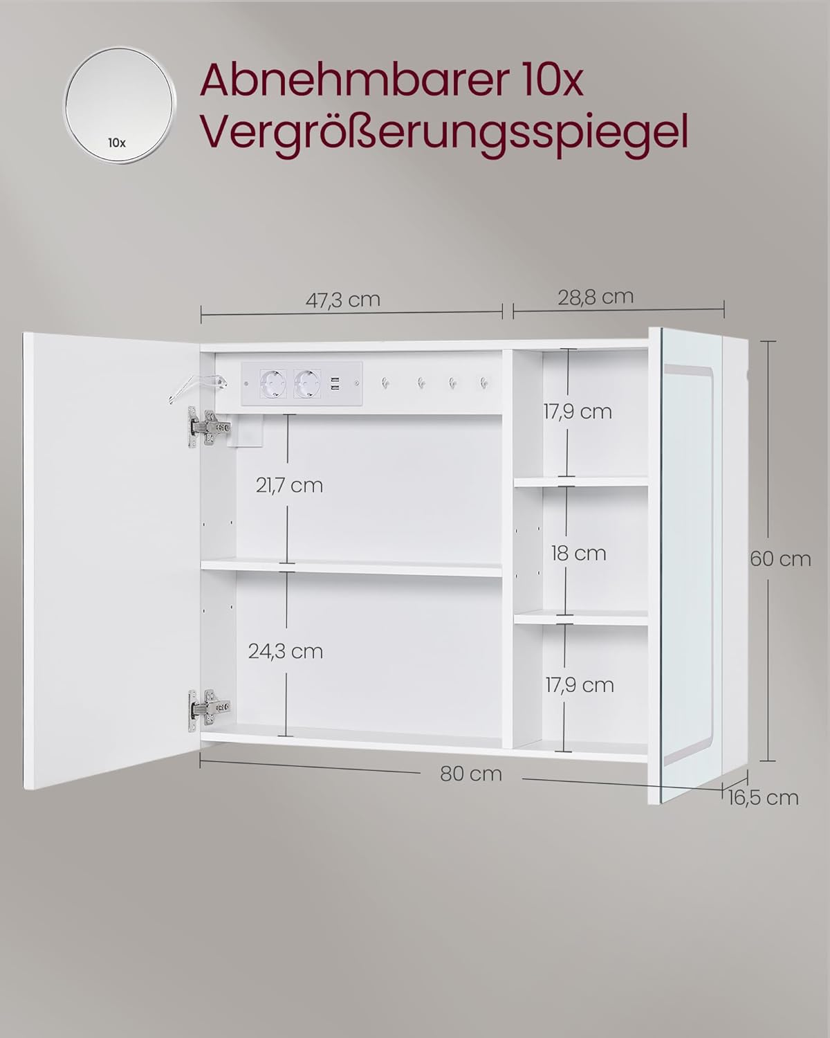 Spiegelschrank mit Beleuchtung und Steckdose 80 cm weiß von Songmics