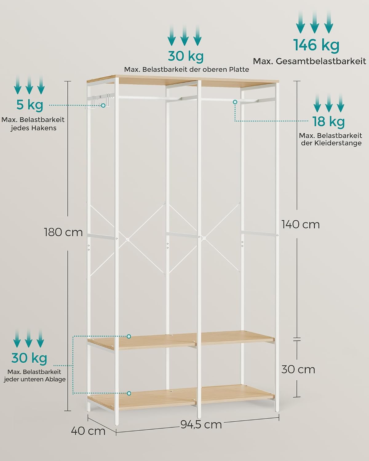 Kleiderständer 94,5x40x180 cm Garderobe Beige von Songmics
