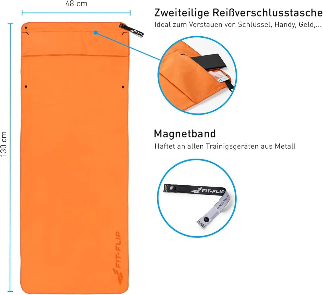 Fitnesshandtuch Mikrofaser mit Reissverschlusstasche 130x48cm Orange von guteszeug.ch