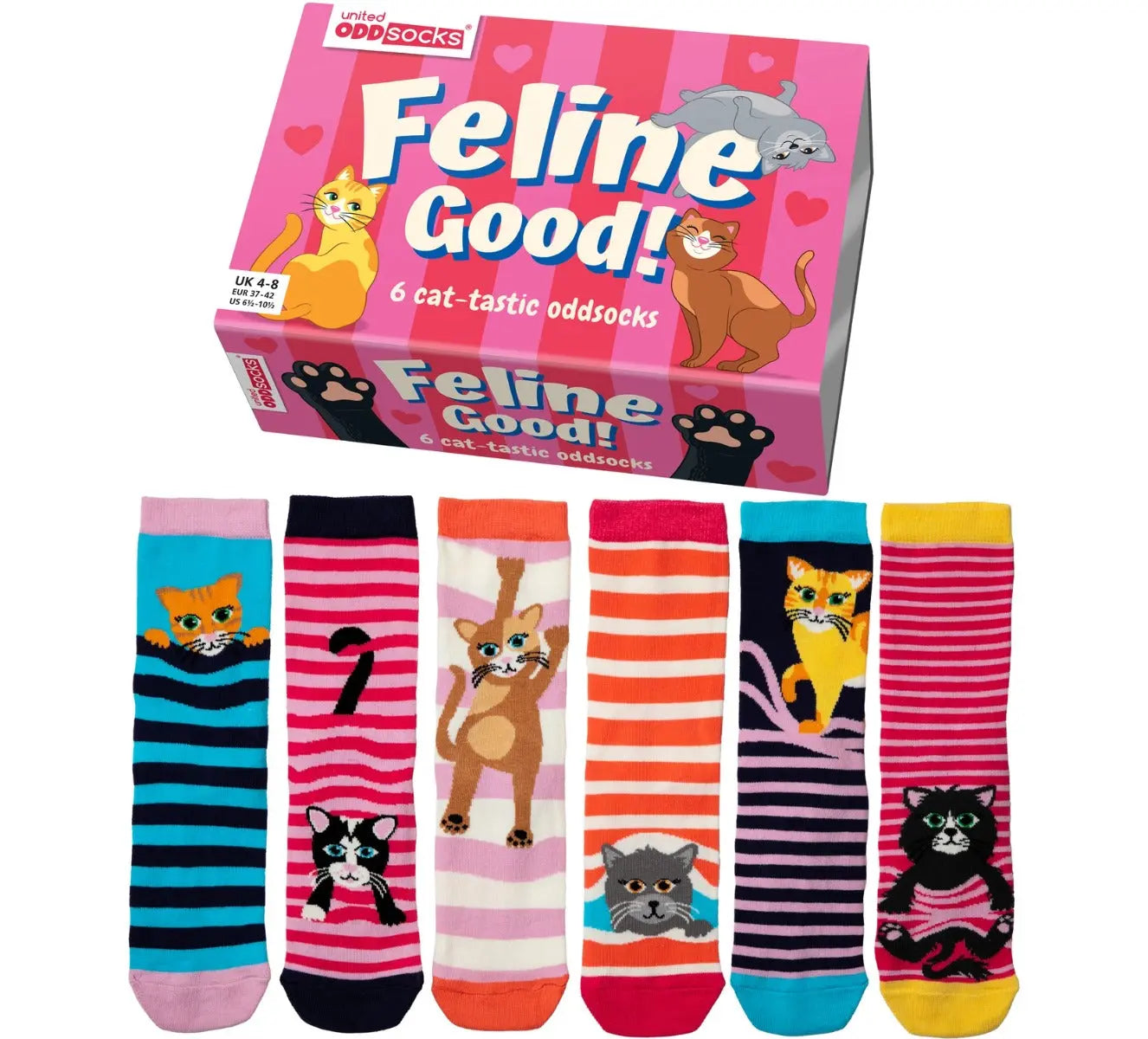 Einzelne Socken im 6er Pack, FELINE GOOD! Bunte Katzen und Streifen, Gr. 37-42, mit Geschenkbox von guteszeug.ch