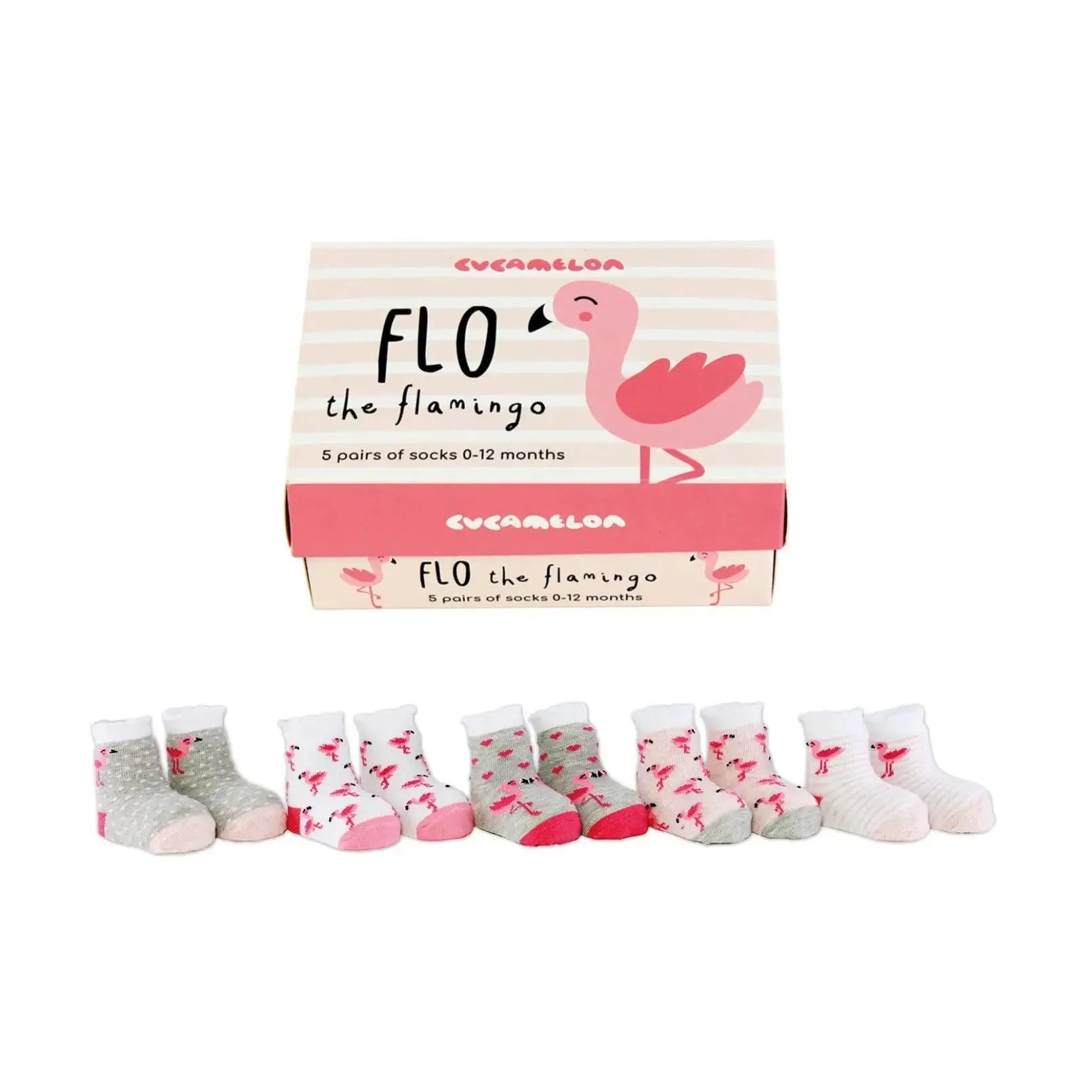 Baby Socken 5 Paar, FLO THE FLAMINGO Rosa Flamingos, 0-12 Monate, mit Geschenkbox von guteszeug.ch
