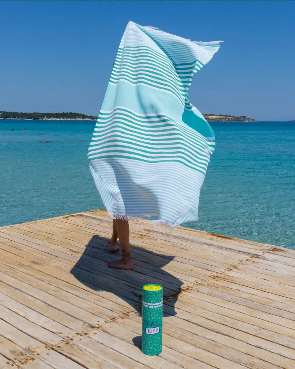 Bali Strandtuch Baumwolle Hamamtuch 180x100cm Türkis-Grün gestreift von guteszeug.ch