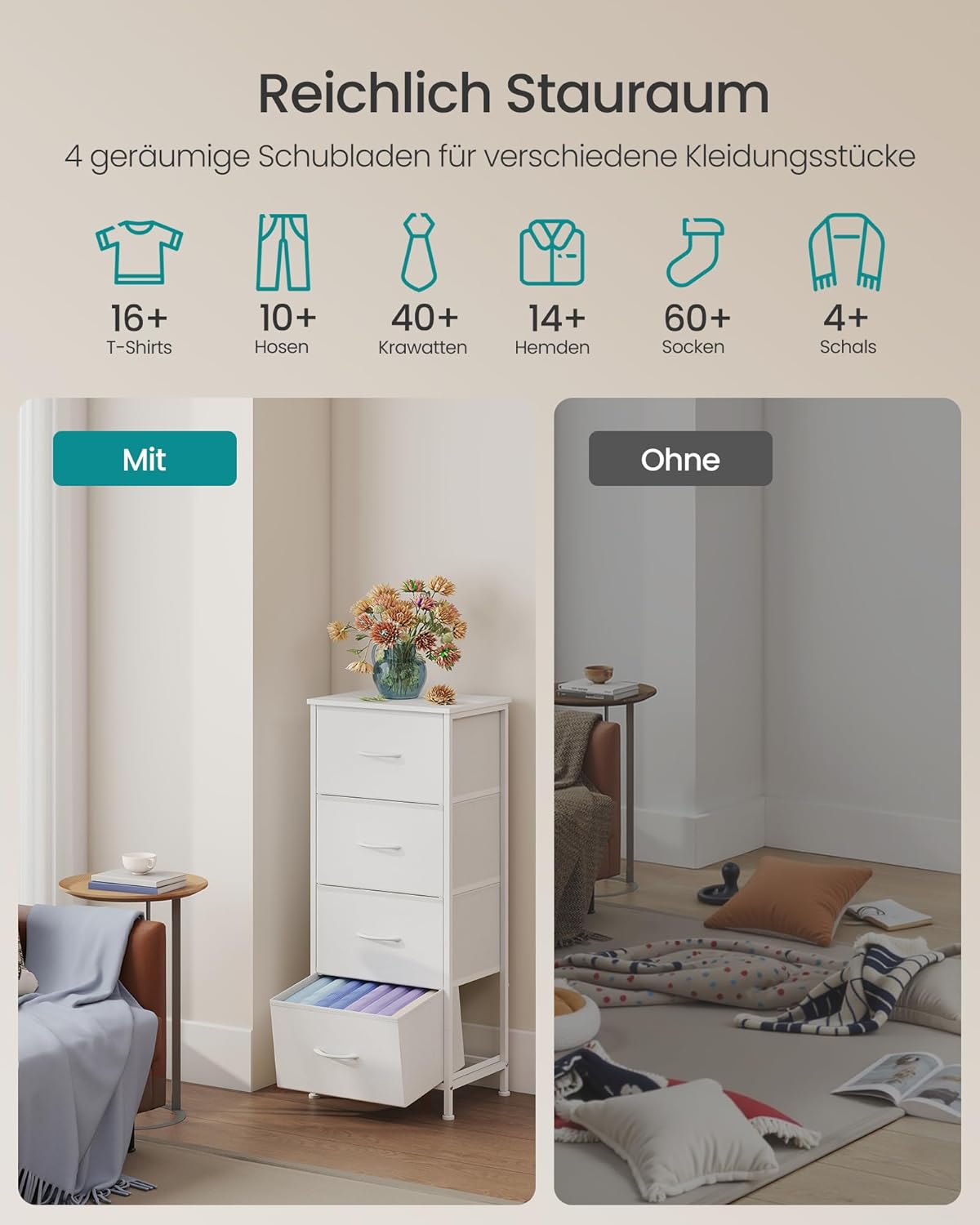 Kommode mit 4 Stoffschubladen für Schlafzimmer und Flur von guteszeug.ch