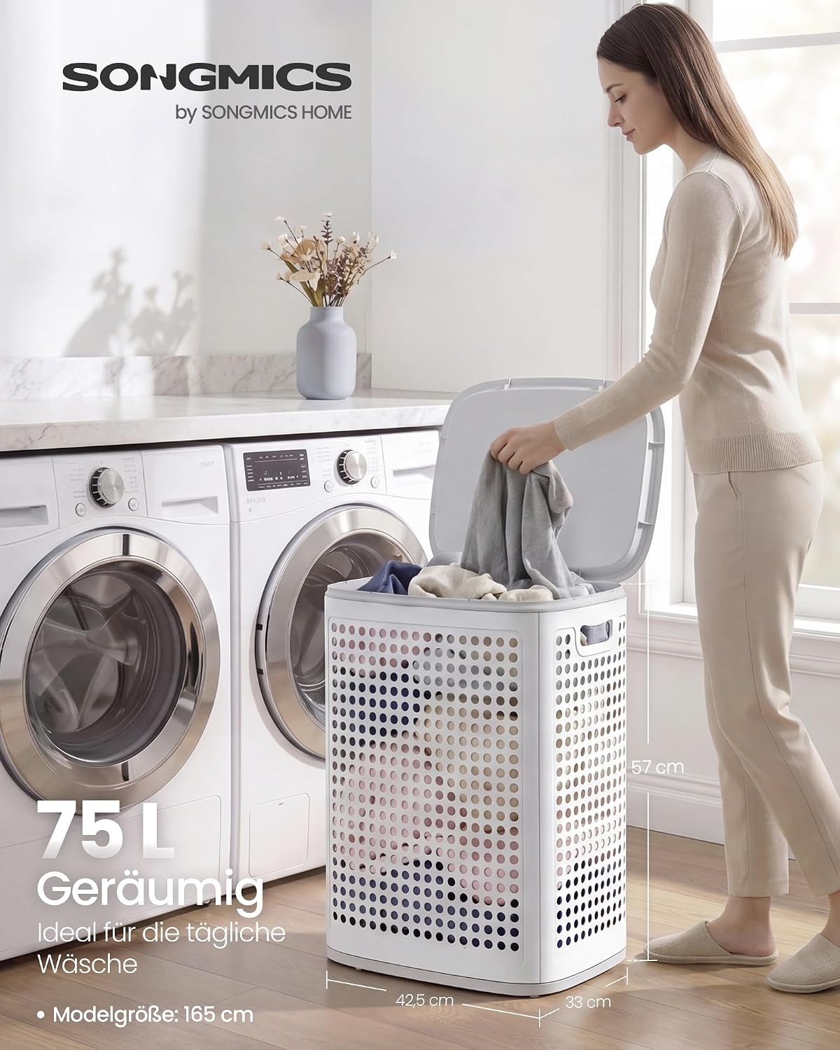Wäschekorb 75 l mit Deckel 42,5x33x57 cm Weiss Grau von Songmics