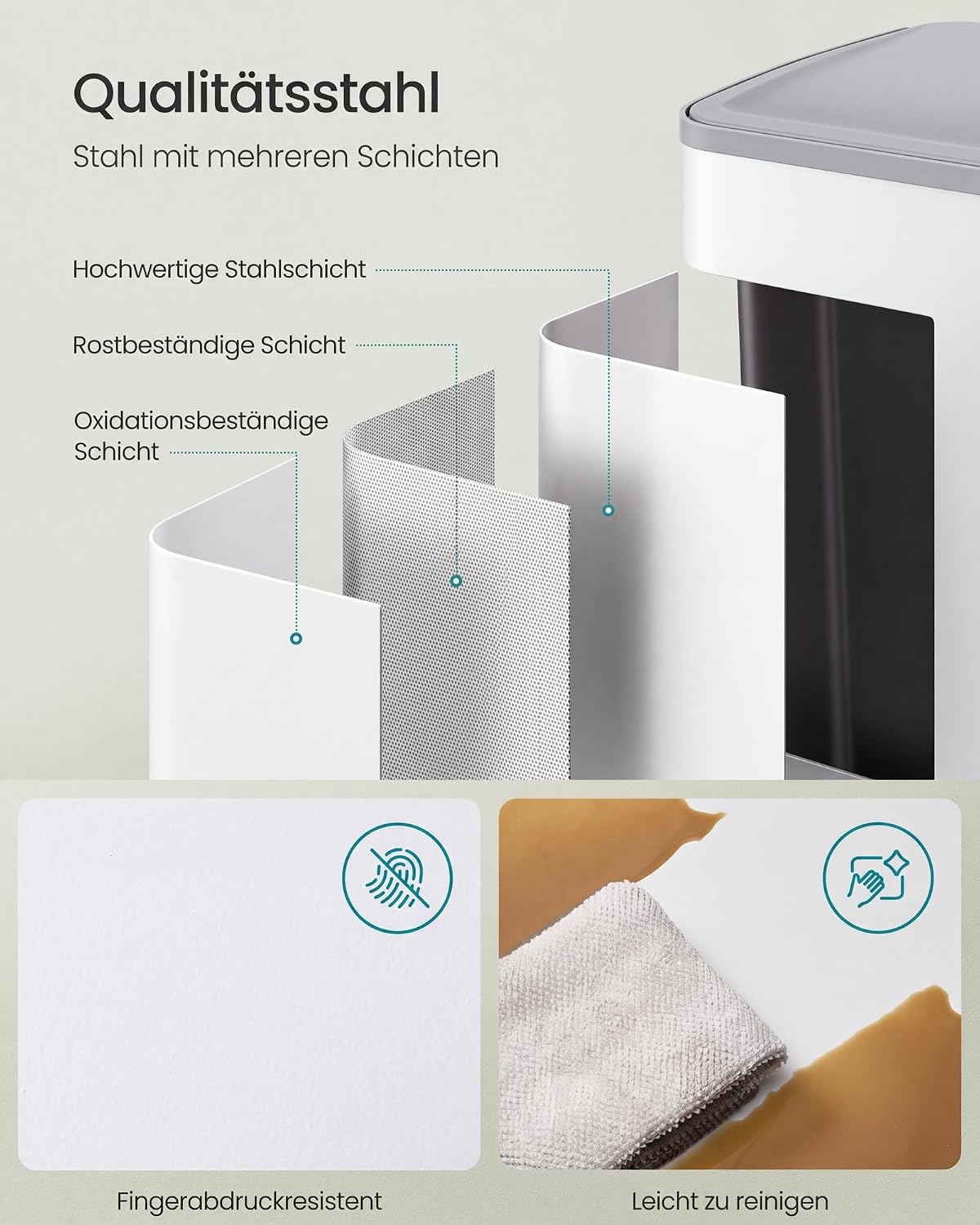 Abfalleimer 60 l 2 Fächer Treteimer Mülltrennung Weiss von Songmics