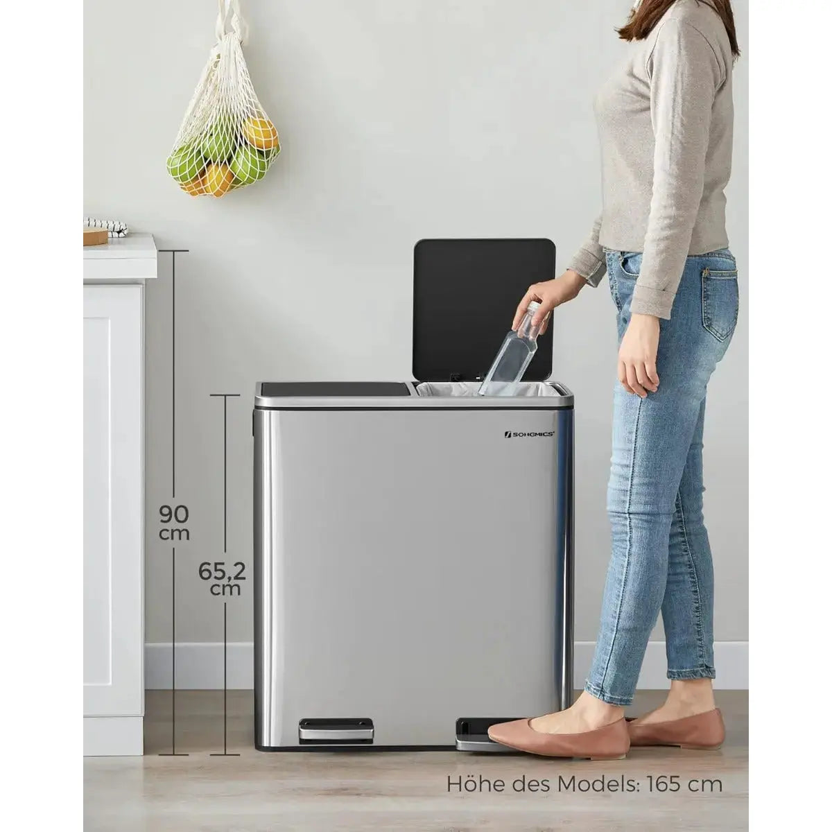Mülleimer 60L Mülltrennsystem Treteimer Küche Silber von Songmics