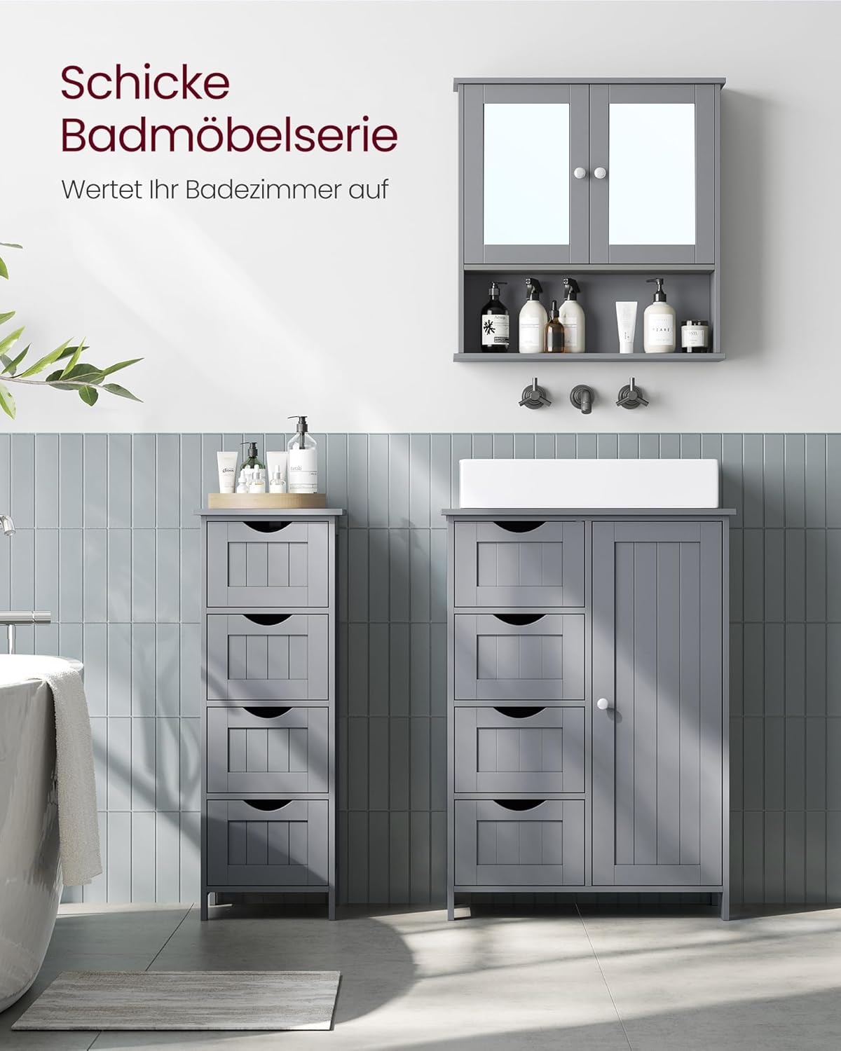 Spiegelschrank Bad Hängeschrank 2 Türen grau 57x59cm von Songmics