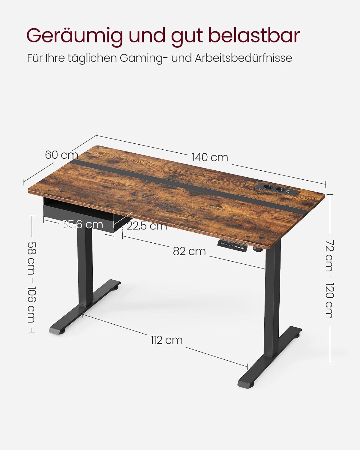 Schreibtisch elektrisch höhenverstellbar 140x60 cm Braun von Songmics