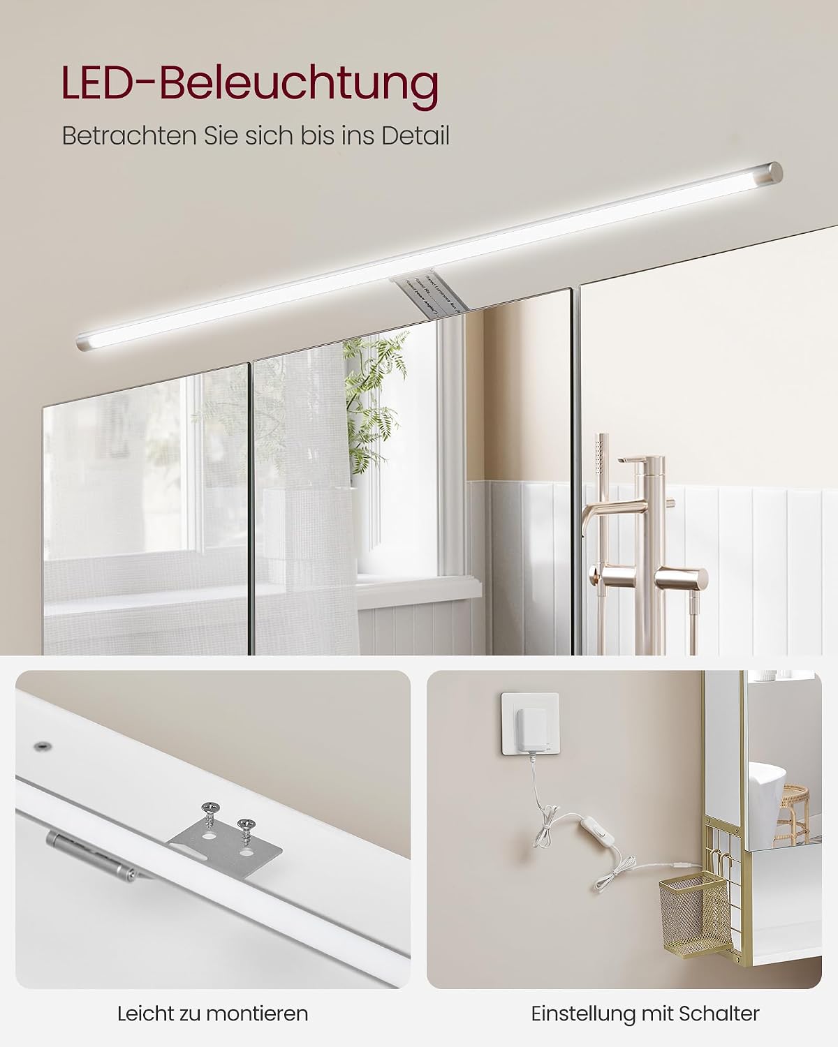 Spiegelschrank Badschrank LED 70x16x70 cm Weiss Gold von Songmics