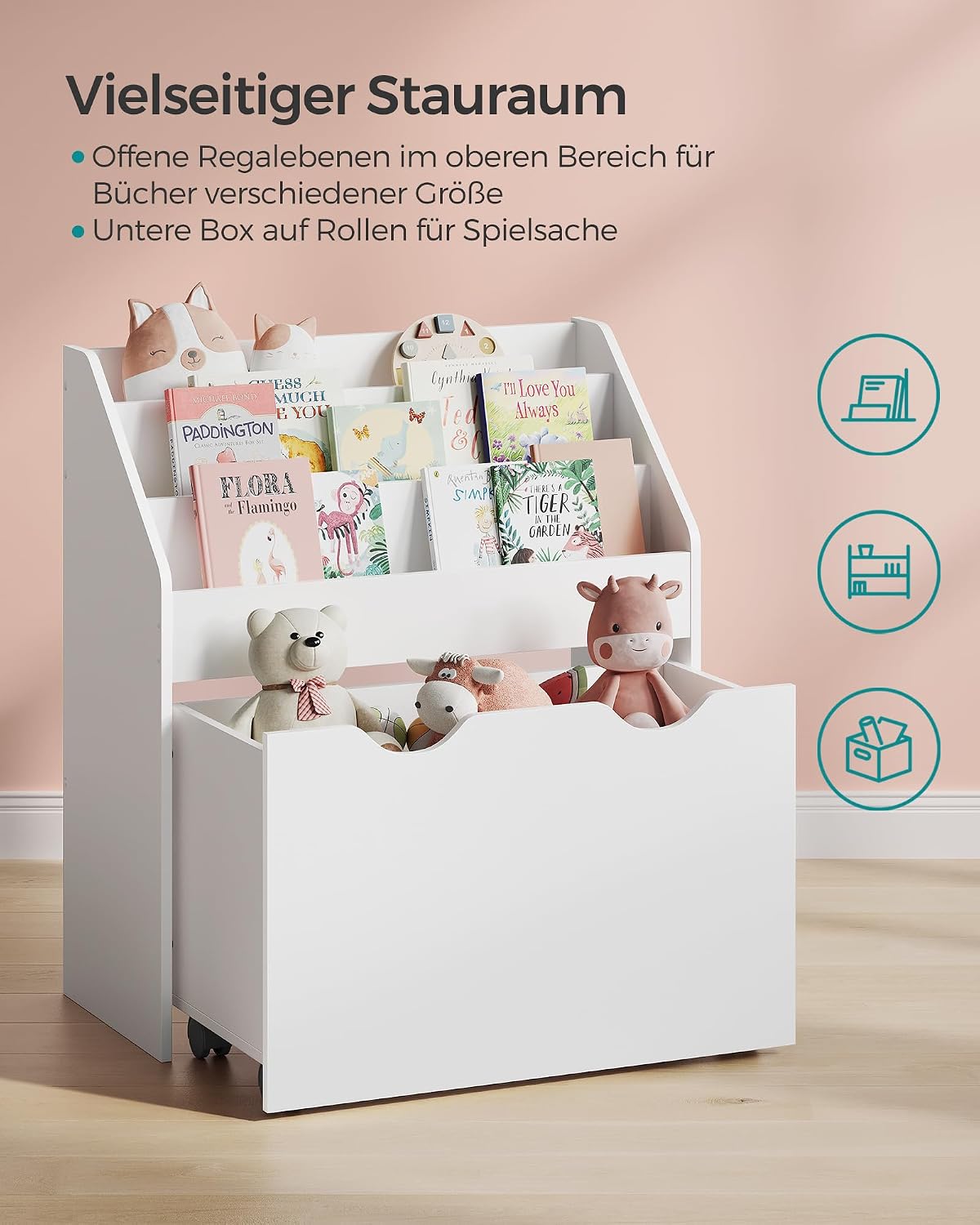 Kinderregal 3 Fächer Spielzeugbox auf Rollen Wolkenweiss von guteszeug.ch