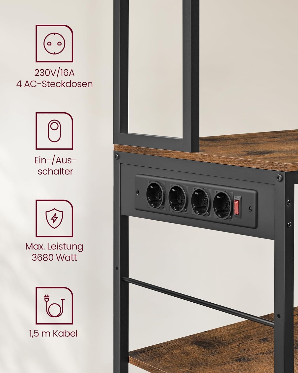 Küchenregal mit Steckdosen Standregal verstellbar 180 cm von Songmics
