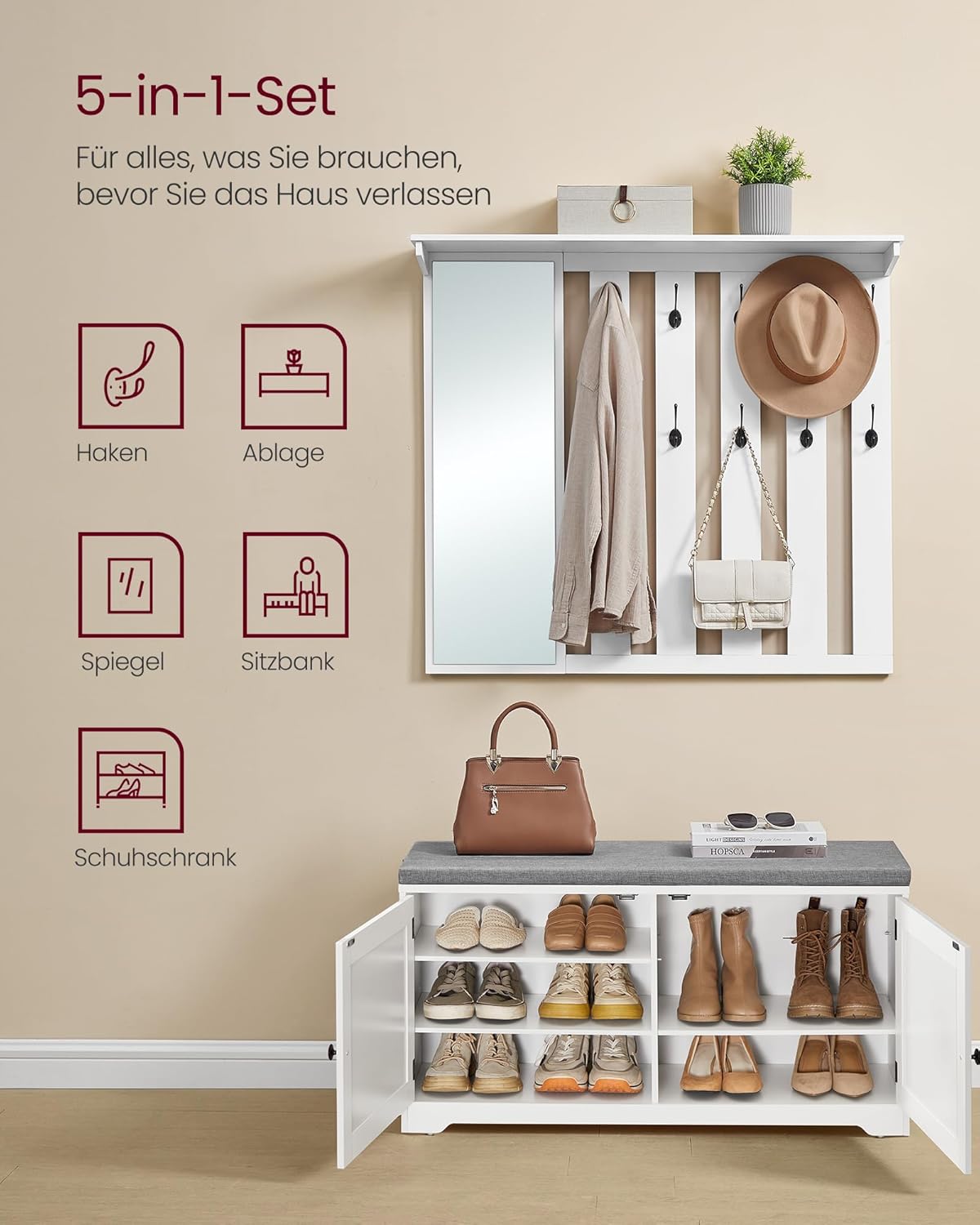Schuhbank Set mit Spiegel Garderobe Haken Sitzpolster weiß von Songmics