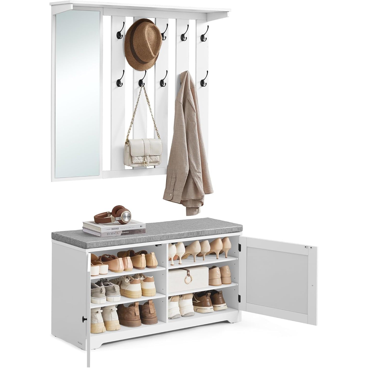 Schuhbank Set mit Spiegel Garderobe Haken Sitzpolster weiß von Songmics