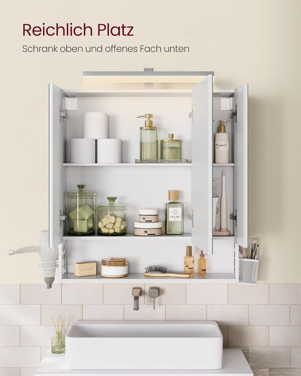 Spiegelschrank 3-türig Steckdose weiss Holz von Songmics