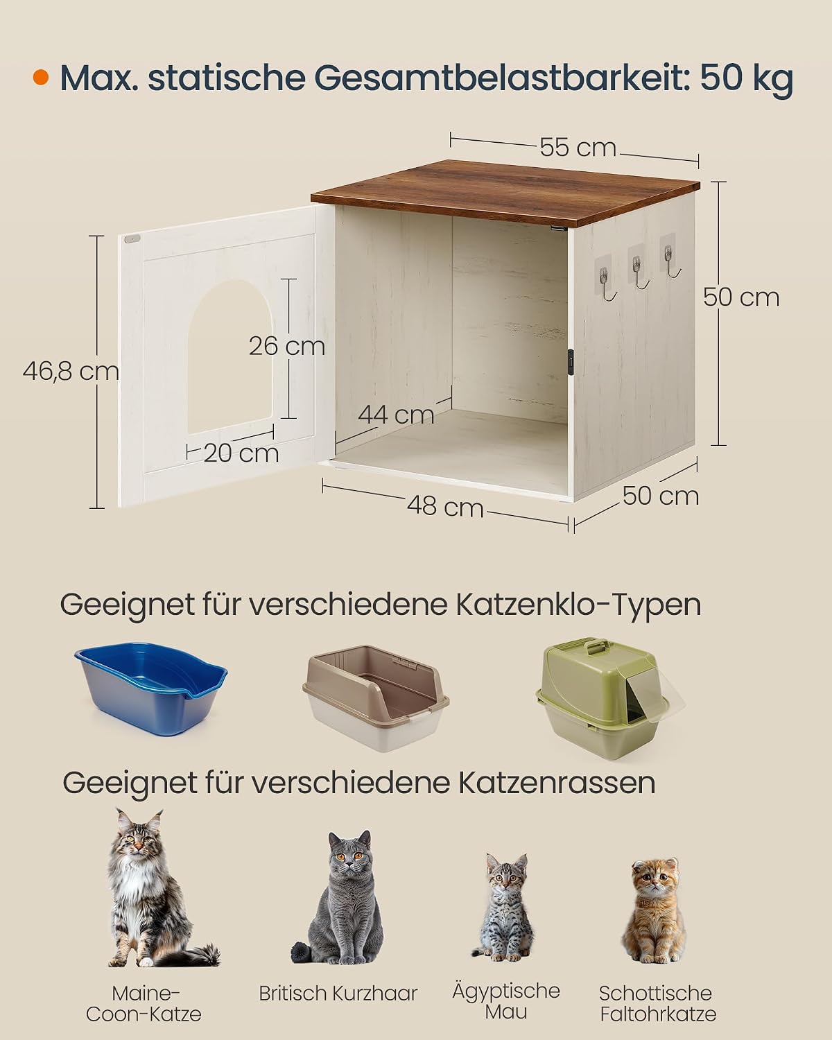 Katzentoilettenschrank 55x50x50 cm Rustikal-Weiss von Songmics
