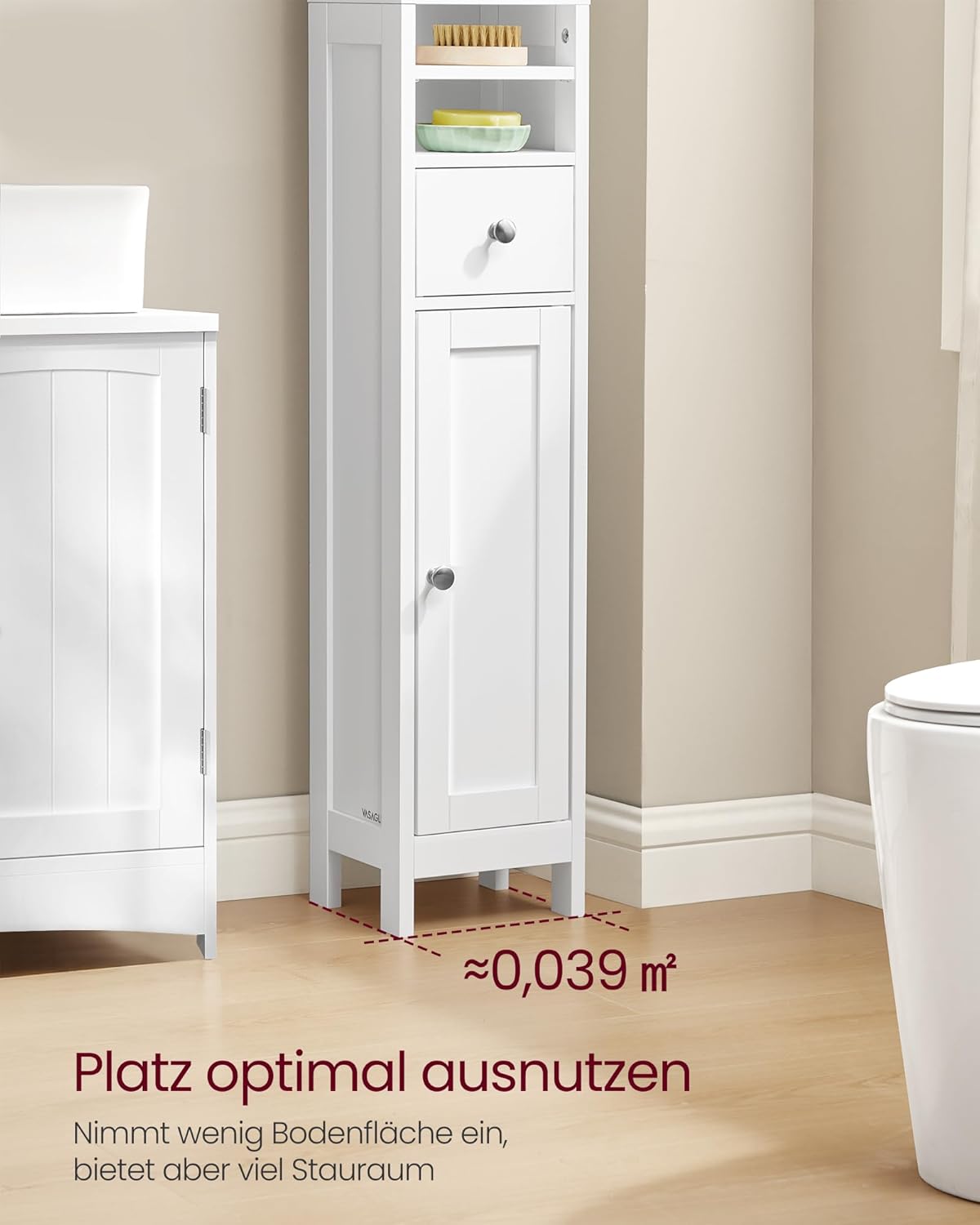Badezimmerschrank hoch schmal mit Schublade und Ablagen weiß von Songmics