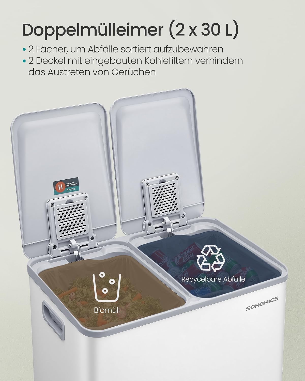 Abfalleimer 60 l 2 Fächer Treteimer Mülltrennung Weiss von Songmics